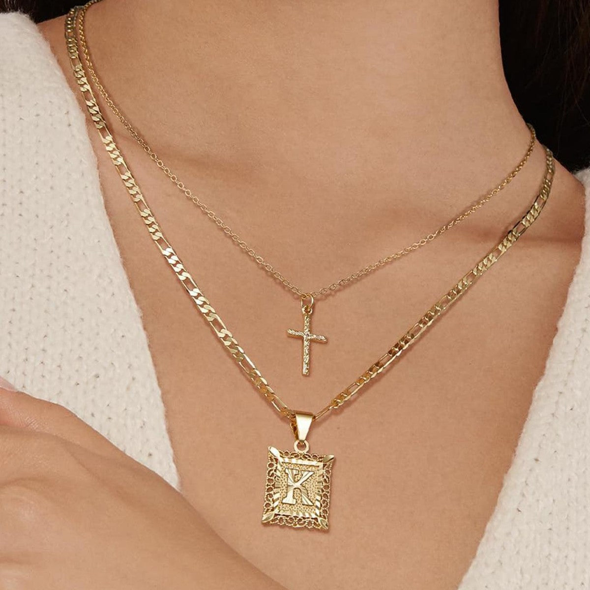 Set de 2 Collares 14K con Inicial y Cruz
