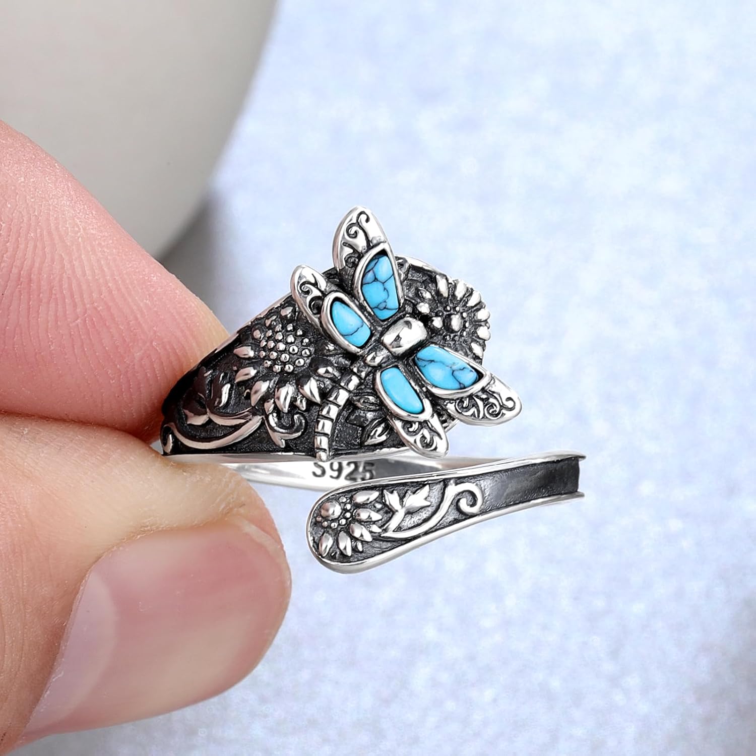 Anillo de Cuchara de Plata Esterlina con Turquesa – Anillo Vintage Boho Envuelto con Libélula