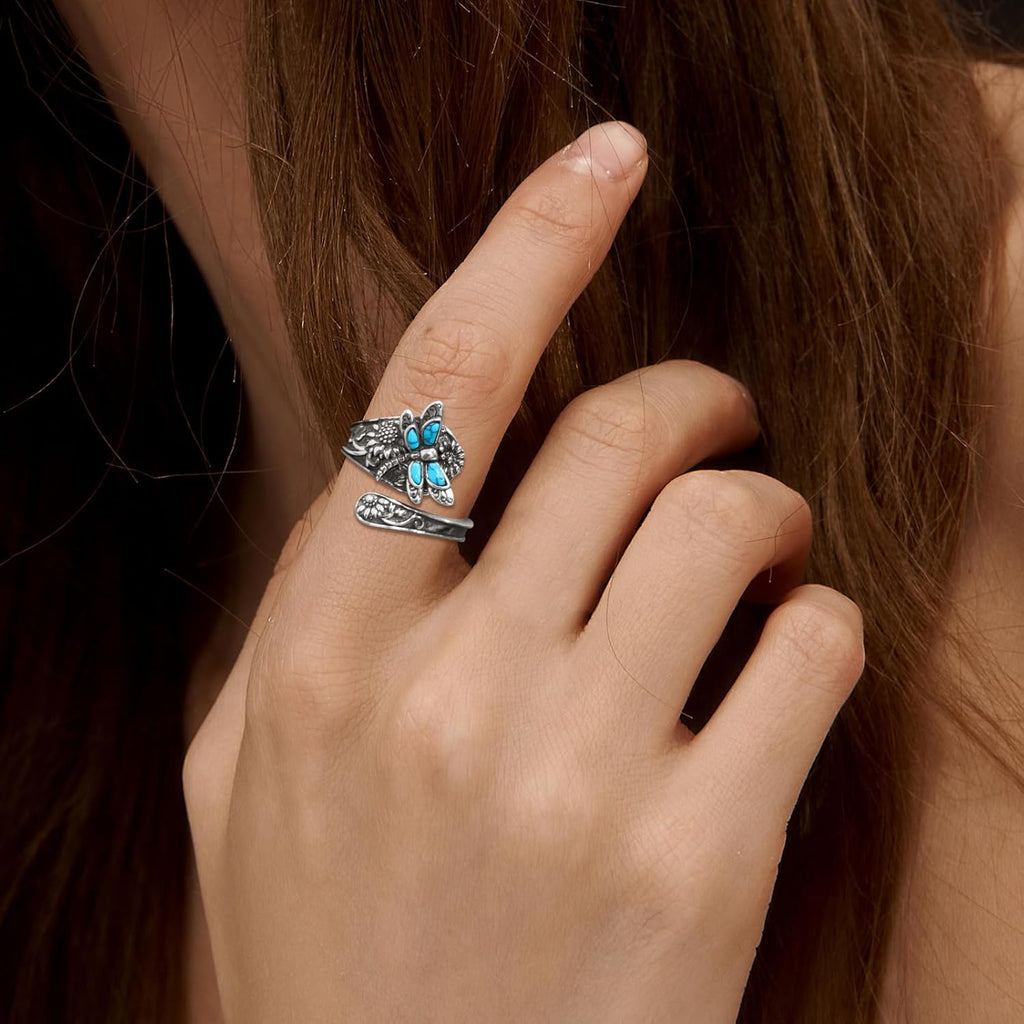 Anillo de Cuchara de Plata Esterlina con Turquesa – Anillo Vintage Boho Envuelto con Libélula