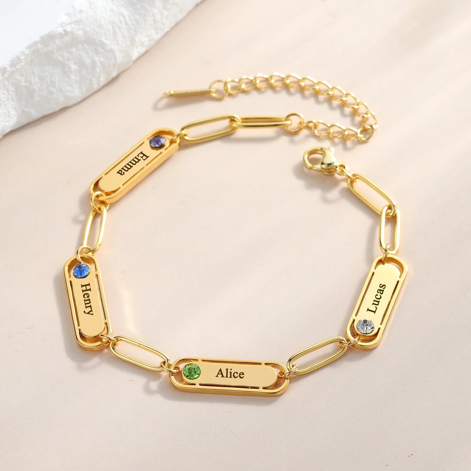 Pulsera Paperclip con Nombre y Piedra de Nacimiento