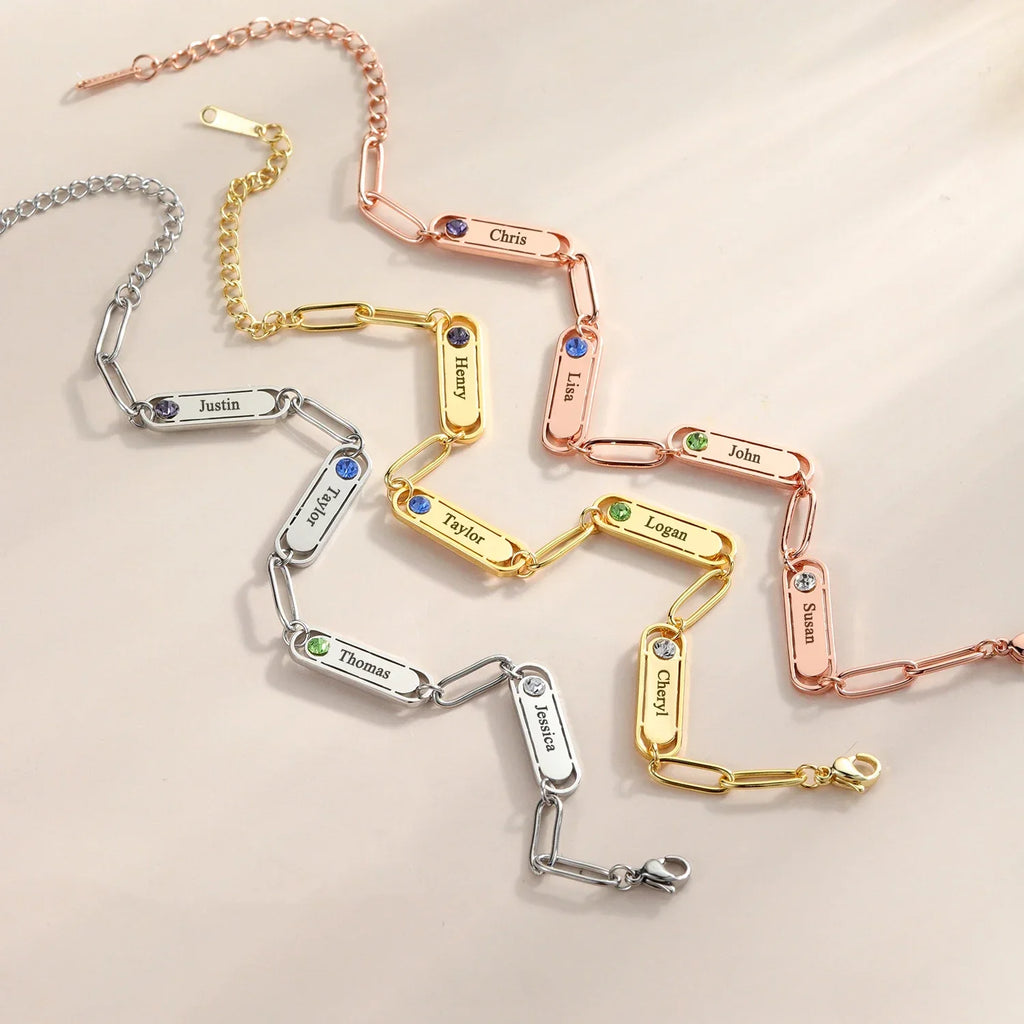Pulsera Paperclip con Nombre y Piedra de Nacimiento