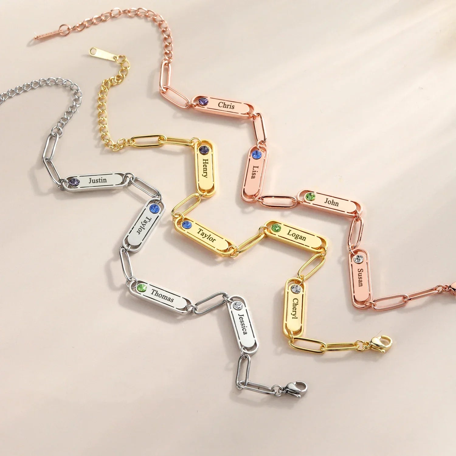 Pulsera Paperclip con Nombre y Piedra de Nacimiento