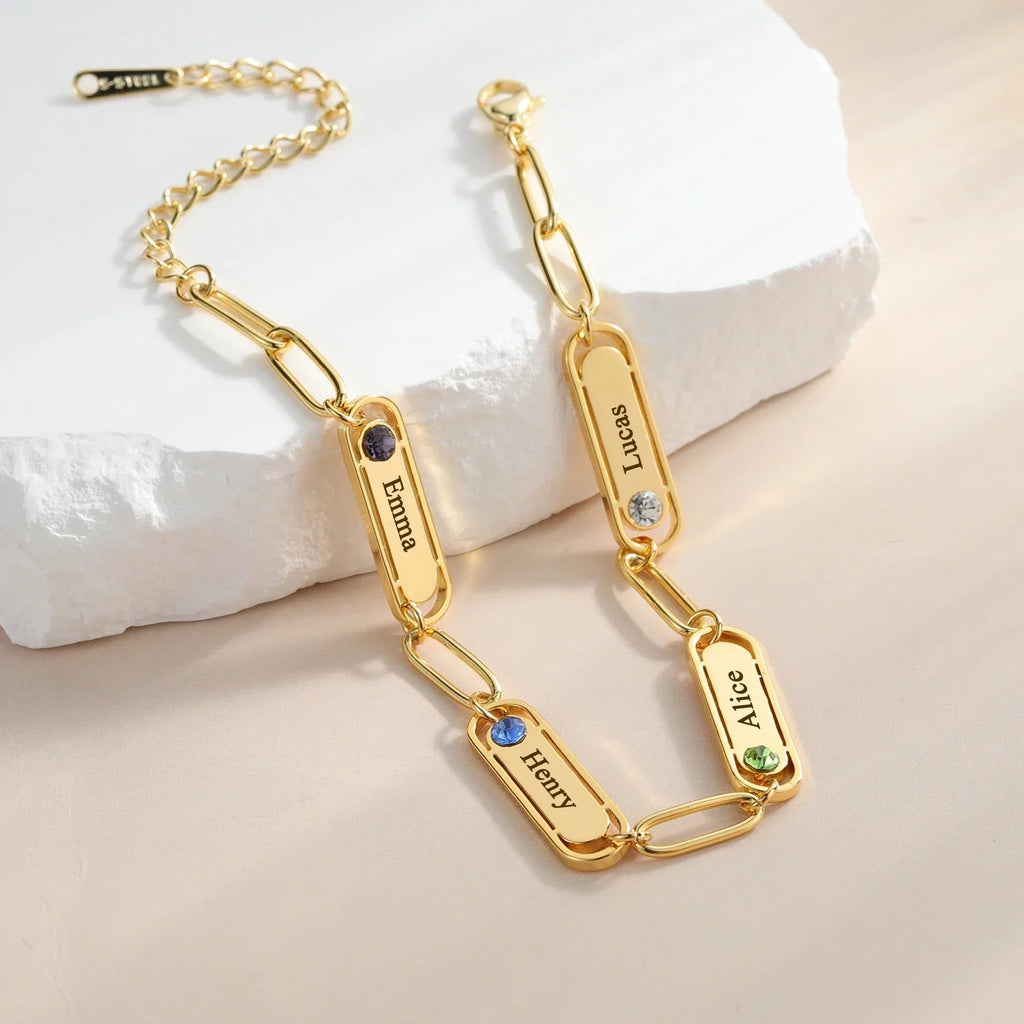 Pulsera Paperclip con Nombre y Piedra de Nacimiento
