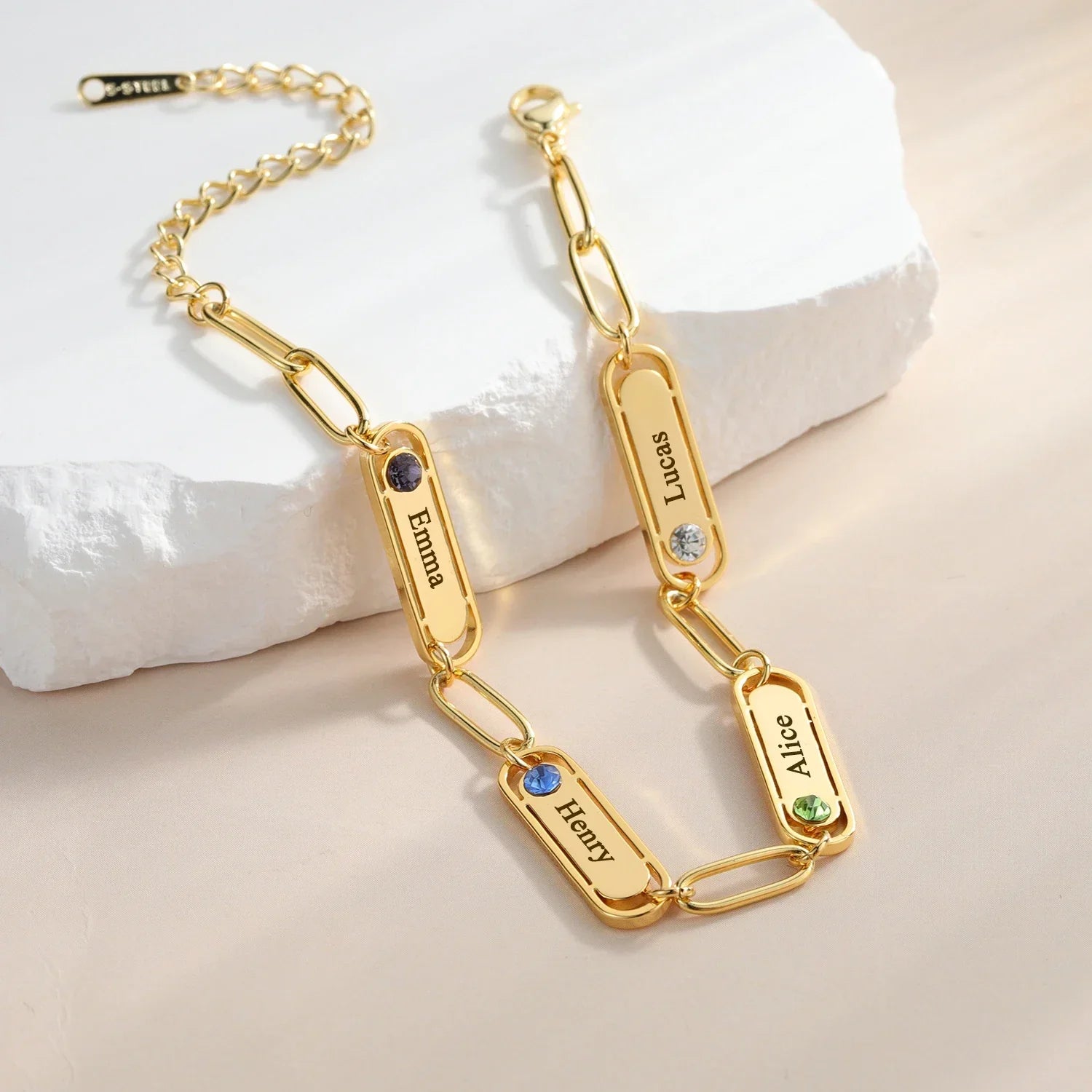 Pulsera Paperclip con Nombre y Piedra de Nacimiento