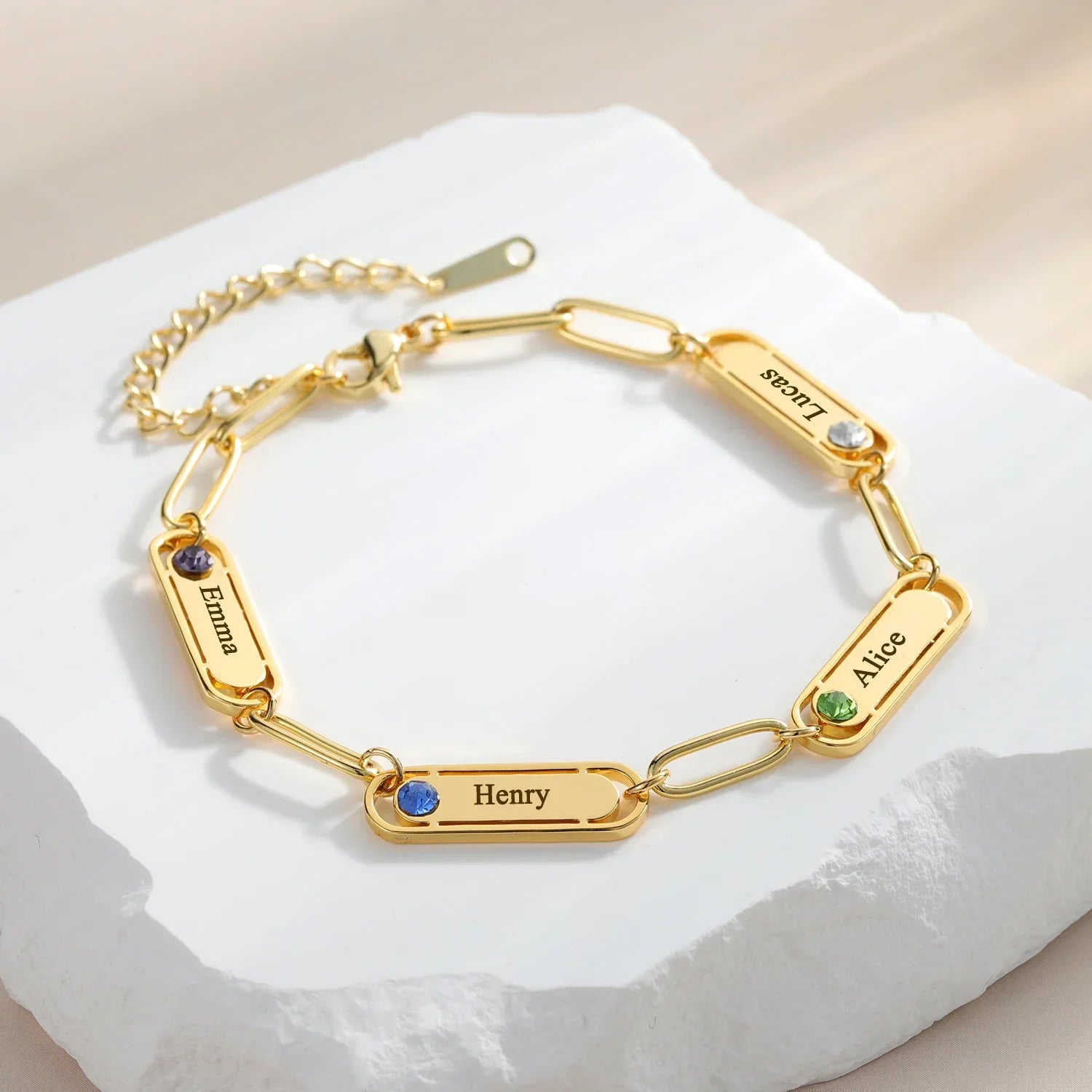 Pulsera Paperclip con Nombre y Piedra de Nacimiento