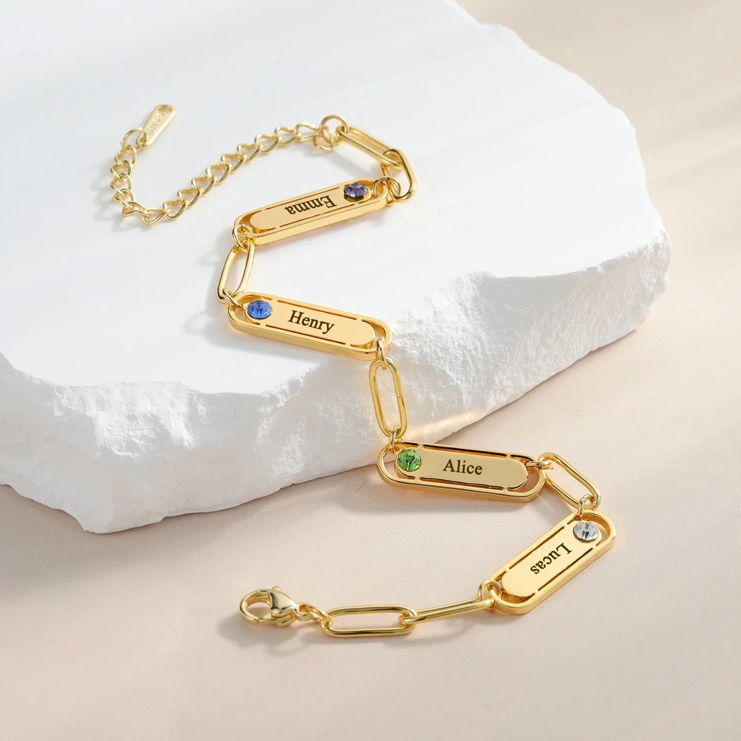 Pulsera Paperclip con Nombre y Piedra de Nacimiento
