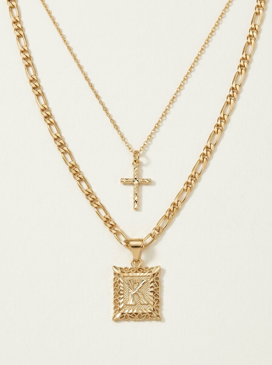 Set de 2 Collares 14K con Inicial y Cruz