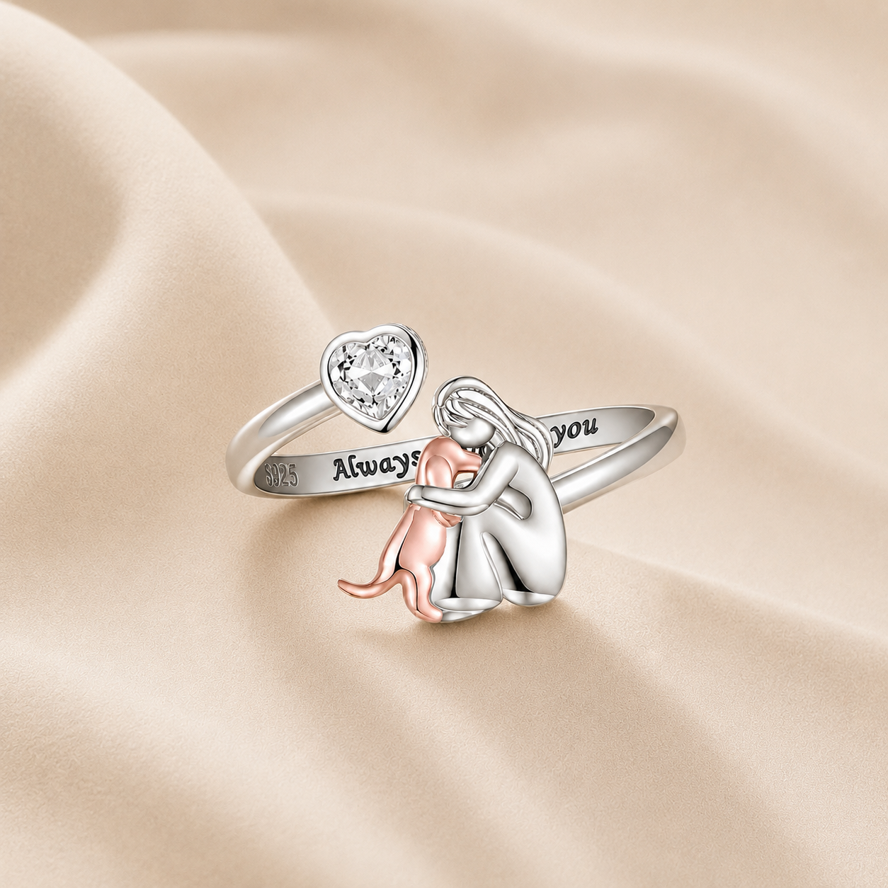Anillo Ajustable para Perros – “Siempre en Mi Corazón” con Zirconia