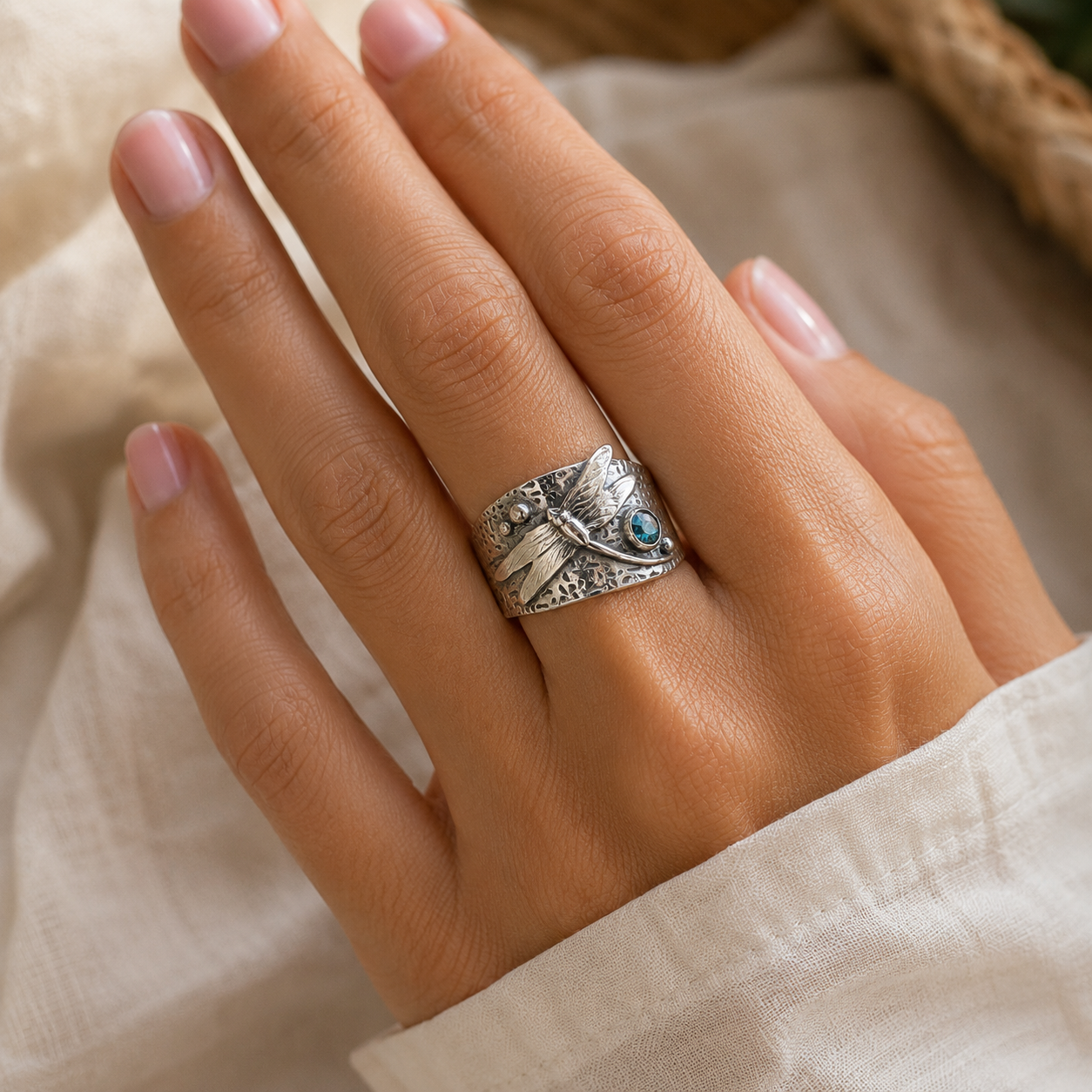Anillo de Plata con Cristal Azul Vintage en Forma de Libélula