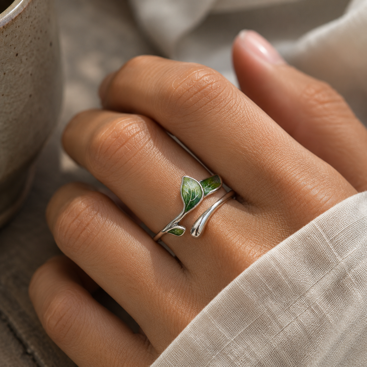 Anillo de Hoja de Esmalte Verde Vintage