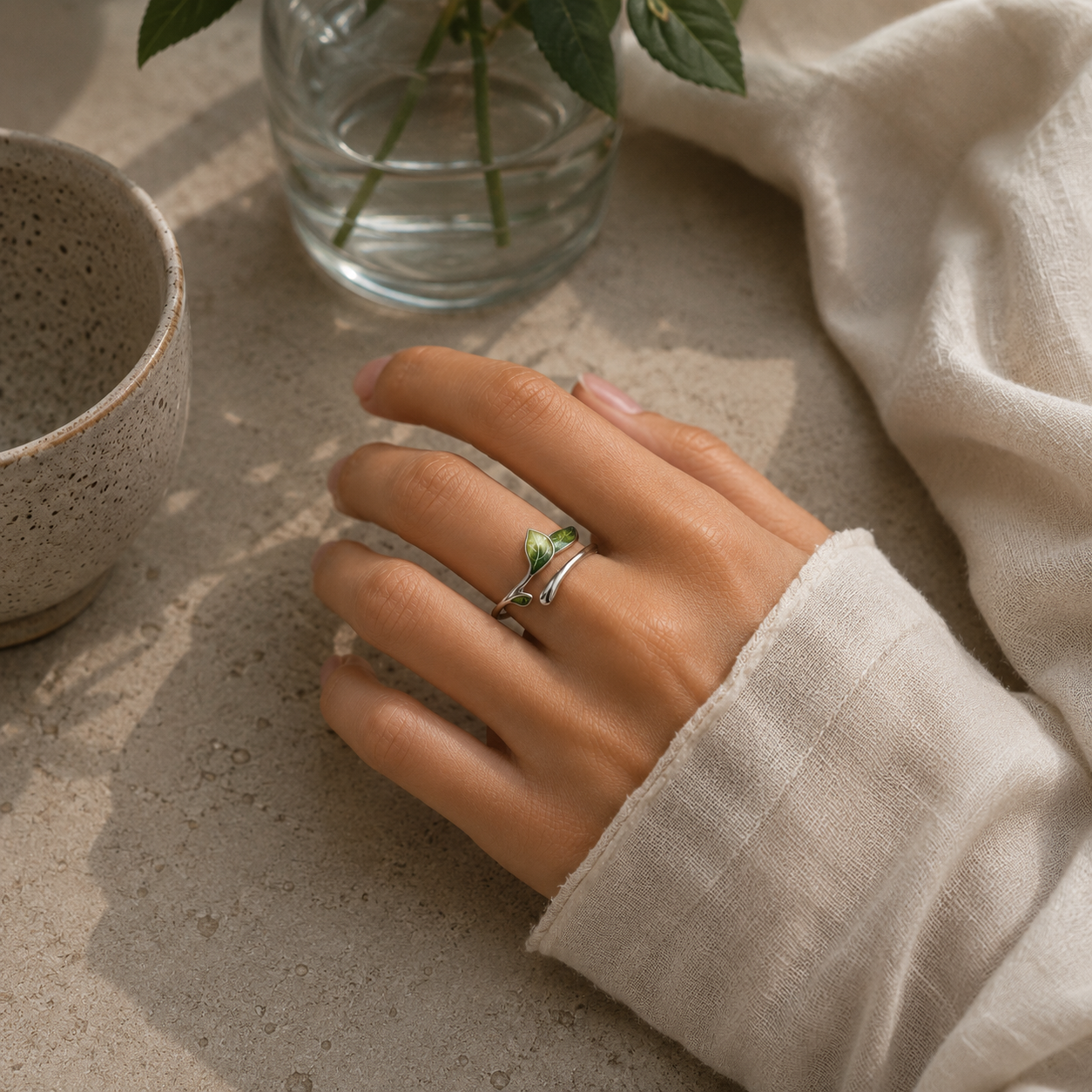 Anillo de Hoja de Esmalte Verde Vintage