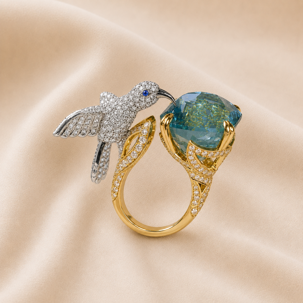 Anillo Ajustable de Colibrí Color Aguamarina