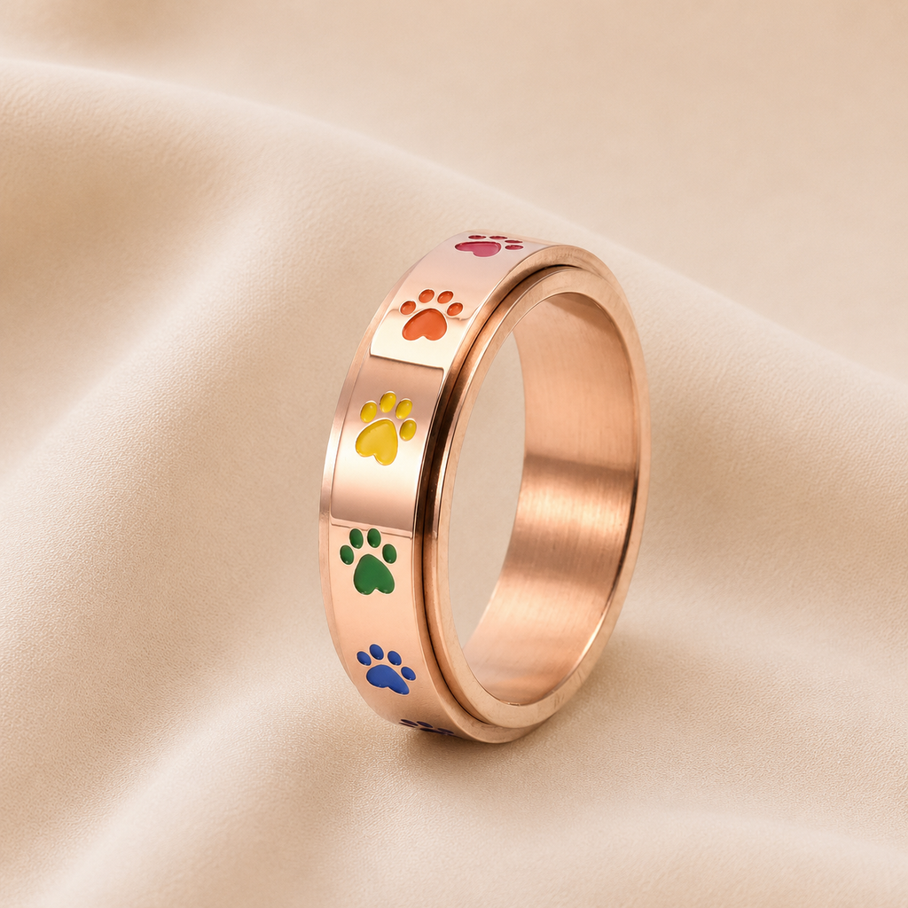 Anillo Antiestrés Giratorio – Acero Inoxidable con Huellas Arcoíris