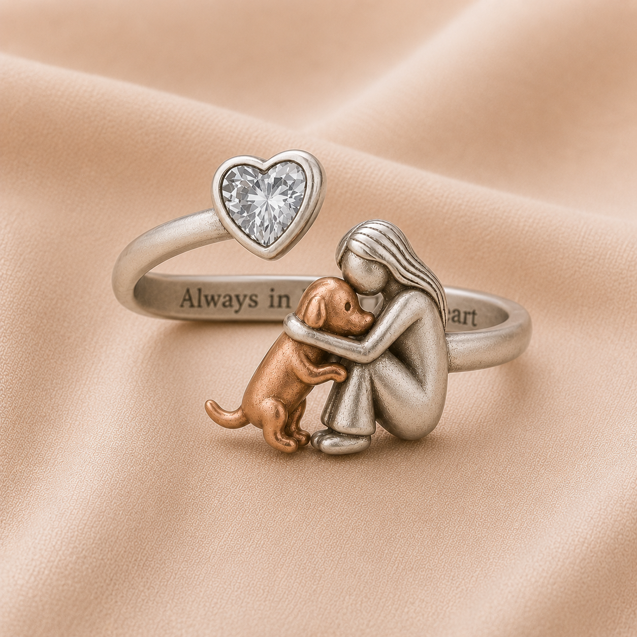 Anillo de perro hecho a mano con zirconia en forma de corazón – Ajuste ajustable