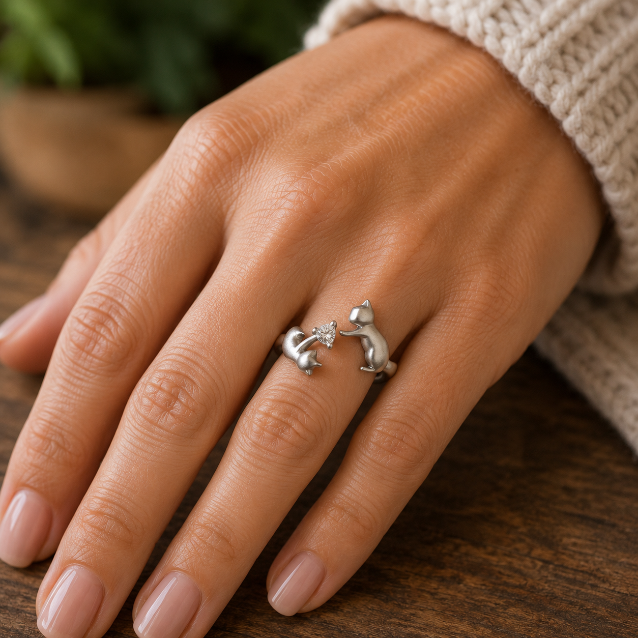 Anillo Ajustable de Gato de Plata Esterlina Juguetón con Circonitas