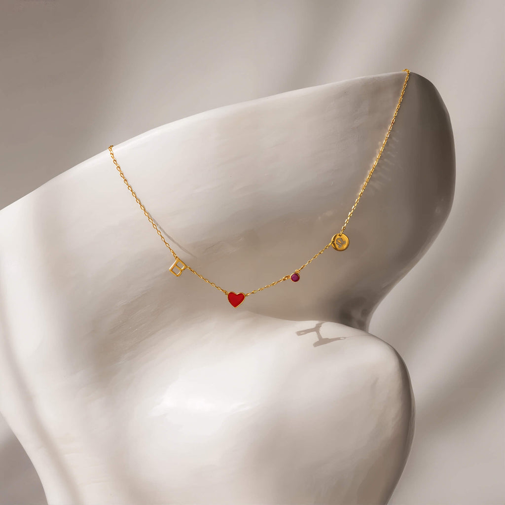 Collar de Corazón Personalizado con Inicial, Piedra de Nacimiento y Signo Zodiacal