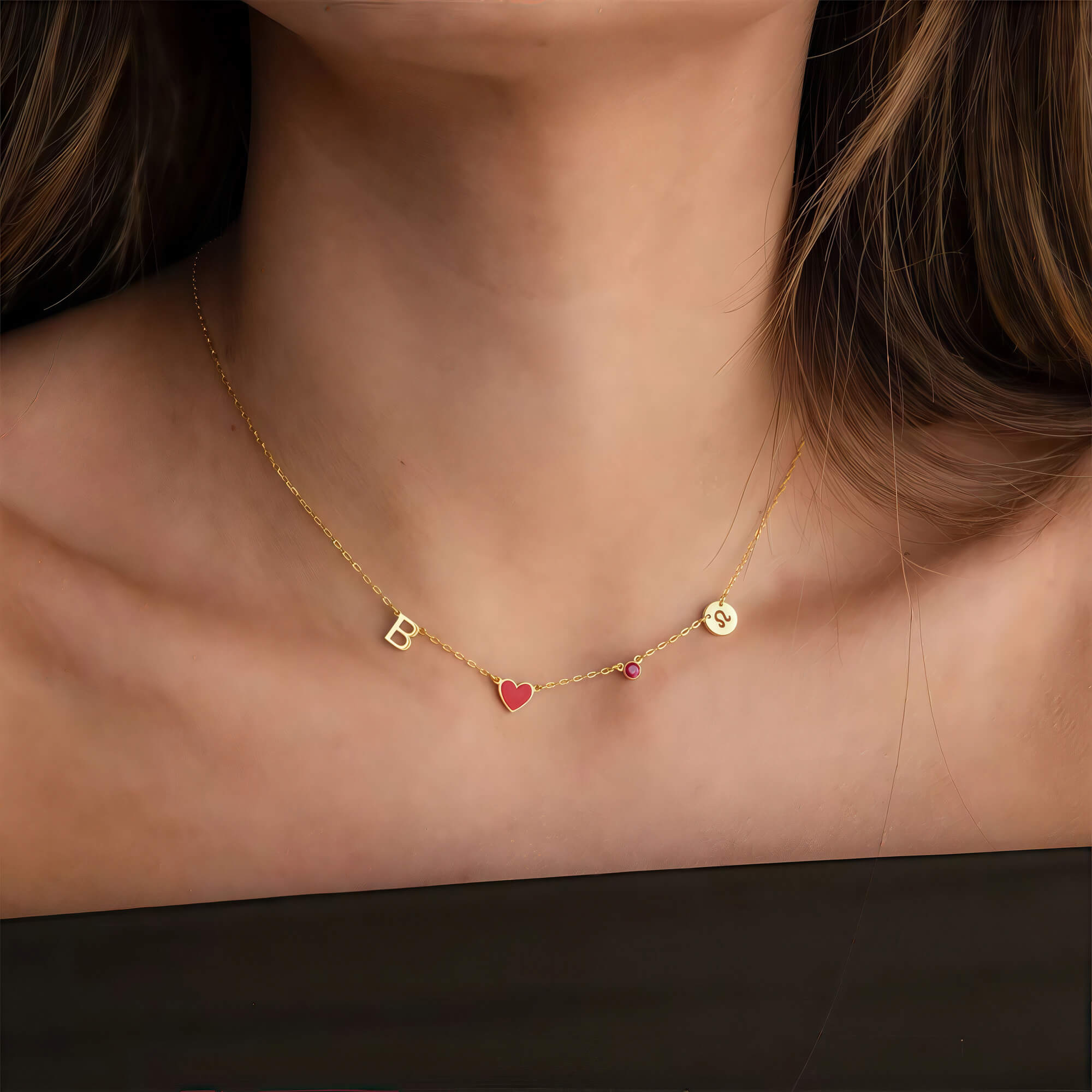 Collar de Corazón Personalizado con Inicial, Piedra de Nacimiento y Signo Zodiacal