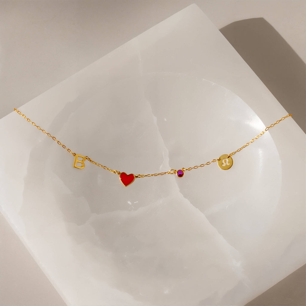 Collar de Corazón Personalizado con Inicial, Piedra de Nacimiento y Signo Zodiacal