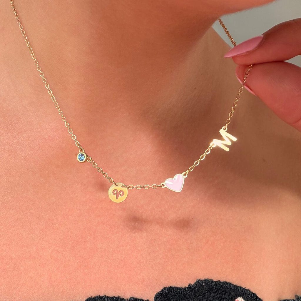 Collar de Corazón Personalizado con Inicial, Piedra de Nacimiento y Signo Zodiacal