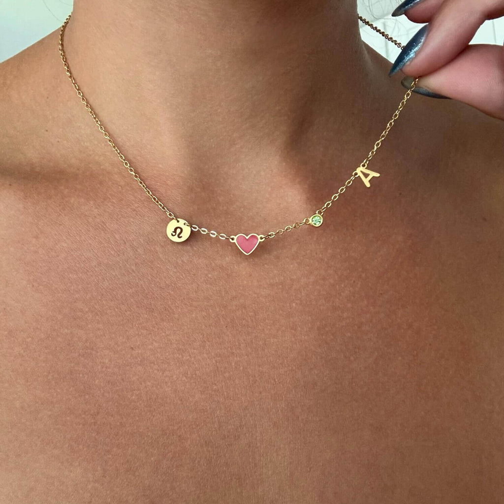 Collar de Corazón Personalizado con Inicial, Piedra de Nacimiento y Signo Zodiacal