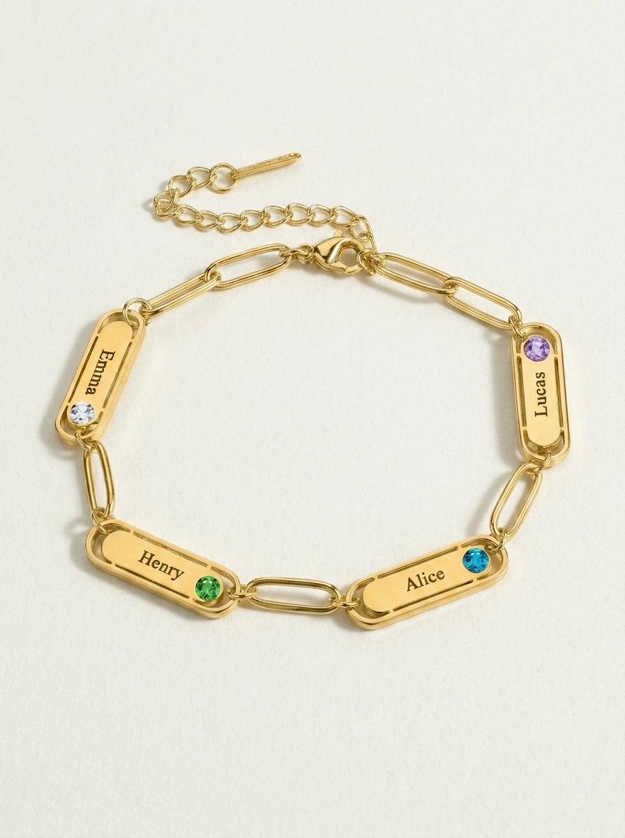 Pulsera Paperclip con Nombre y Piedra de Nacimiento
