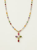 Collar Delicado de Cruz con Gemas de Colores