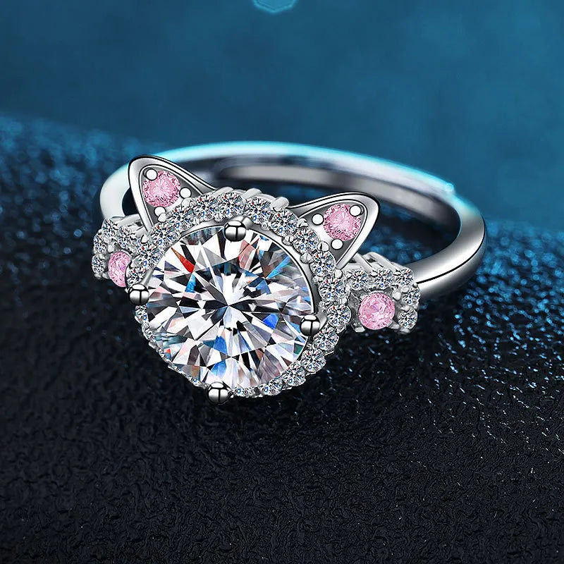 Anillo Ajustable de Orejas de Gato con Zirconia