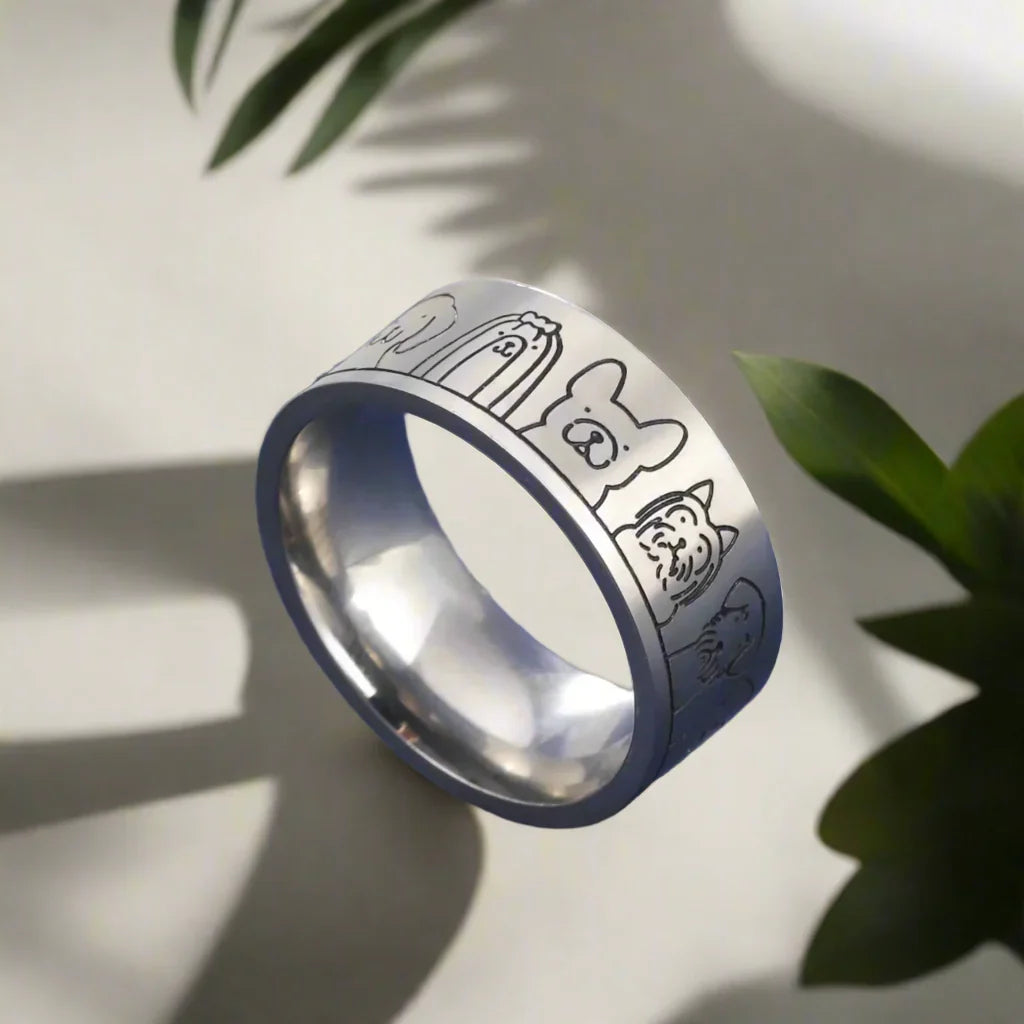 Anillo de Perro de Acero Inoxidable Ancho – Diseño Grabado para Mujeres