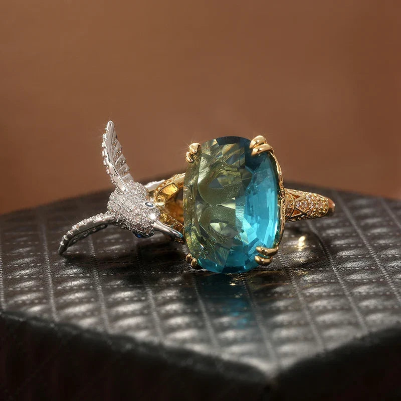 Anillo Ajustable de Colibrí Color Aguamarina