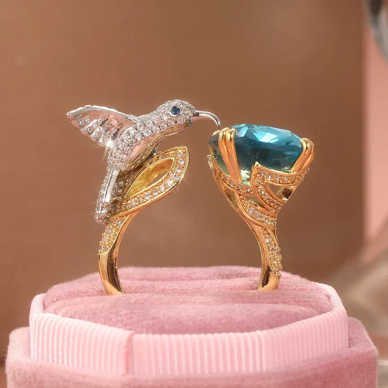 Anillo Ajustable de Colibrí Color Aguamarina
