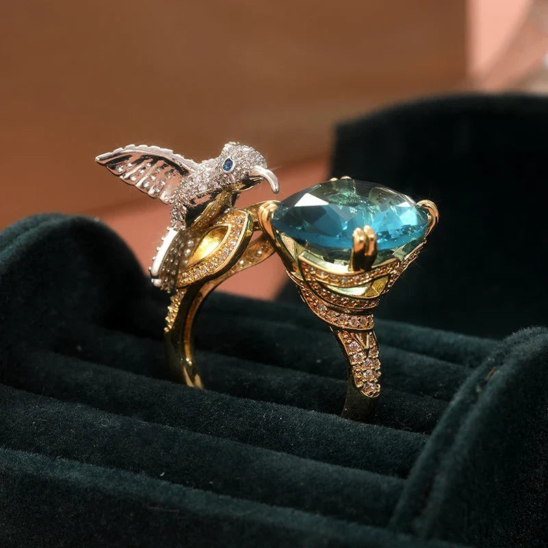 Anillo Ajustable de Colibrí Color Aguamarina