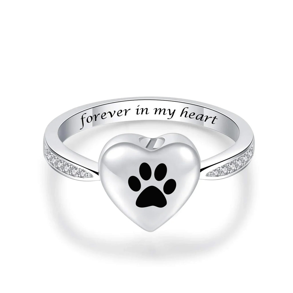 Anillo de Urna con Huella de Pata en Forma de Corazón – Joyería de Conmemoración para Mascotas
