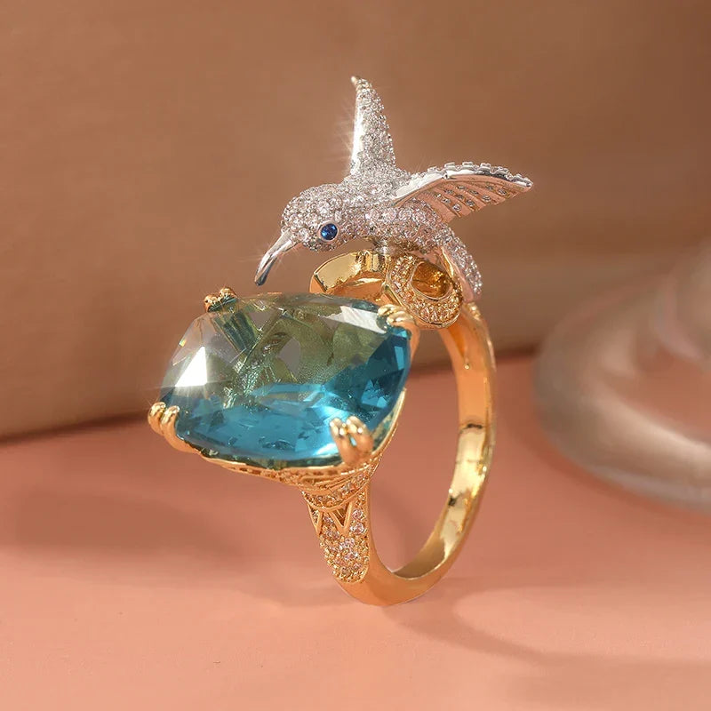 Anillo Ajustable de Colibrí Color Aguamarina