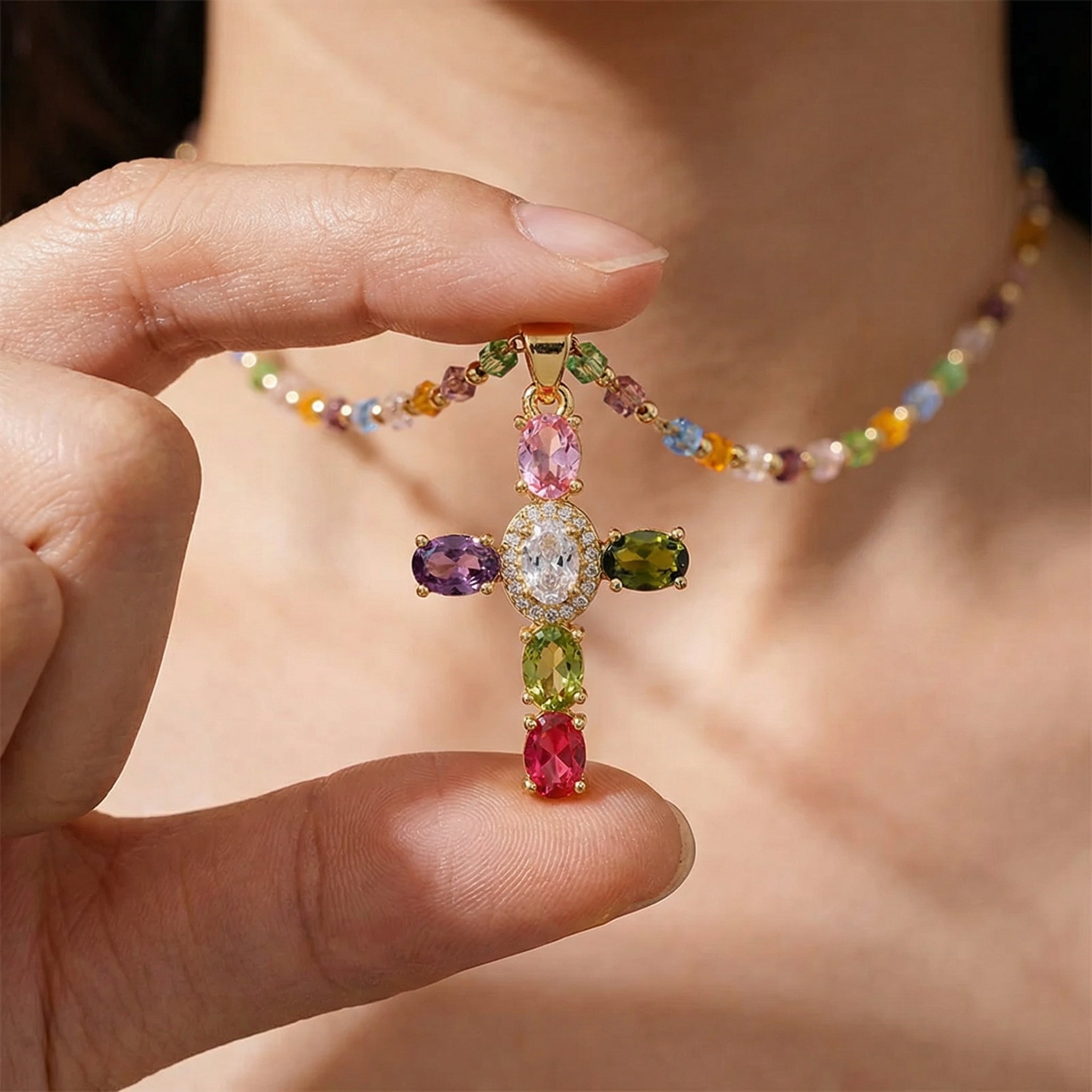 Collar Delicado de Cruz con Gemas de Colores