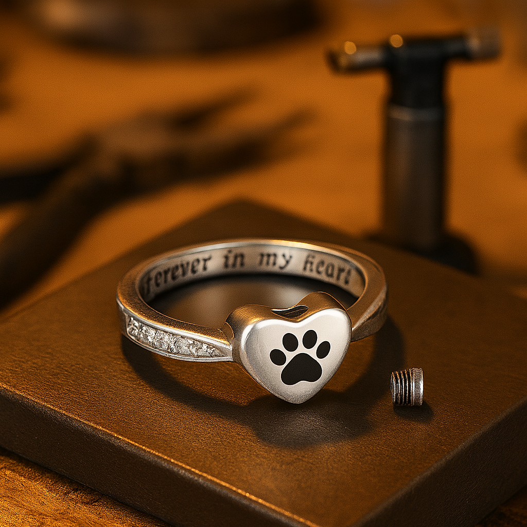 Anillo de Urna con Huella de Pata en Forma de Corazón – Joyería de Conmemoración para Mascotas