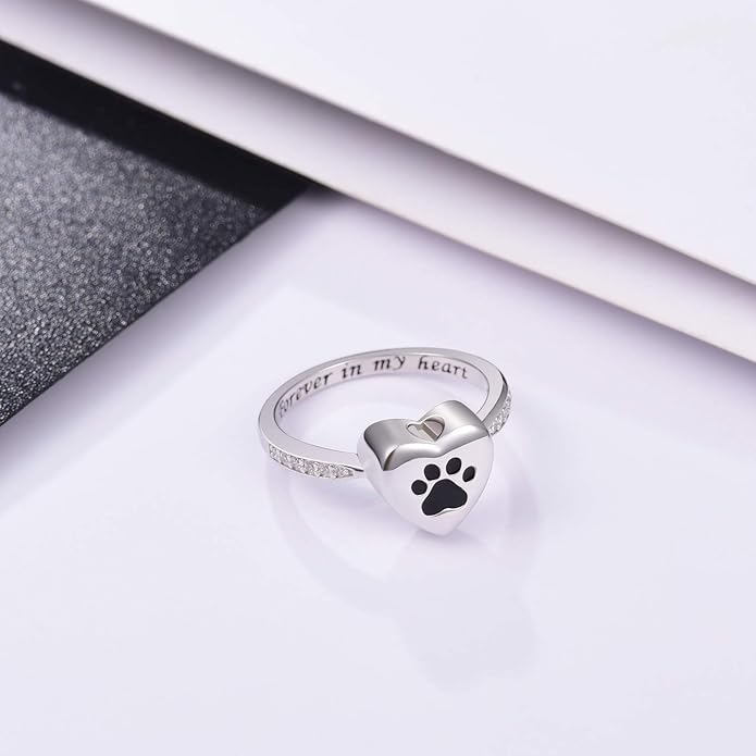 Anillo de Urna con Huella de Pata en Forma de Corazón – Joyería de Conmemoración para Mascotas